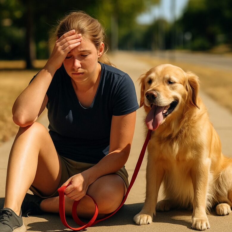 真夏の散歩で熱中症気味にぐったりしている飼い主と犬(ゴールデンレトリバー)