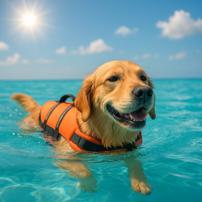 ライフジャケットを装着して気持ちよさそうにプールで泳いでいる犬